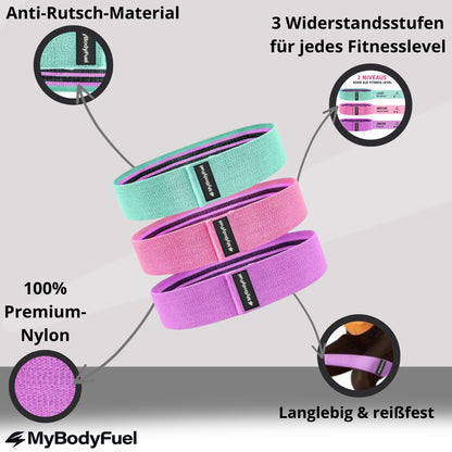 Nylon Widerstandsbänder Set - 3er Set Grün/Rosa/Lila