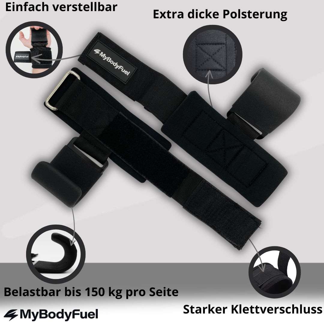 Zughilfen mit Haken, starker Klettverschluss und extra Polsterung für mehr Grip und Kraft beim Krafttraining