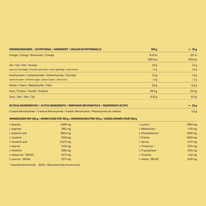 Voedingswaardenlabel Protein Creatine banaan: 24 g eiwit, 5 g creatine, 113 kcal per portie