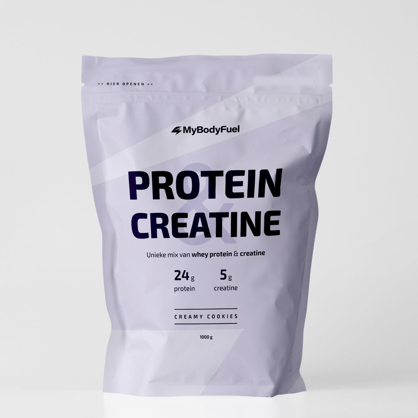 Lila pouch MyBodyFuel Protein Creatine – creamy cookies flavour, whey‑eiwit + creatine poeder