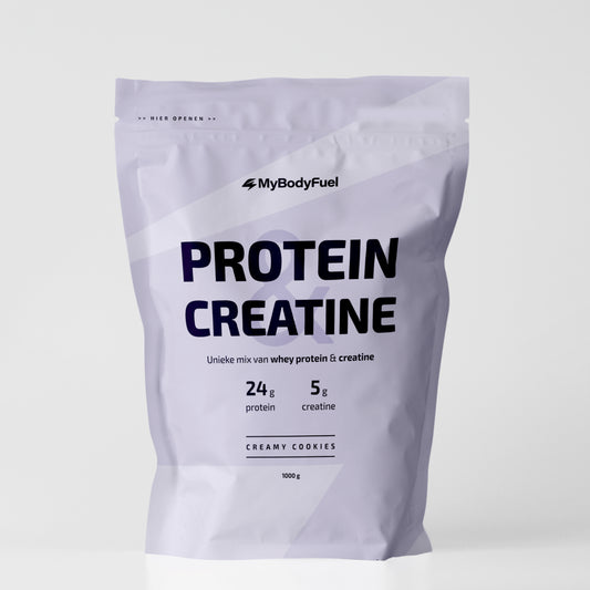 Lila pouch MyBodyFuel Protein Creatine – creamy cookies flavour, whey‑eiwit + creatine poeder