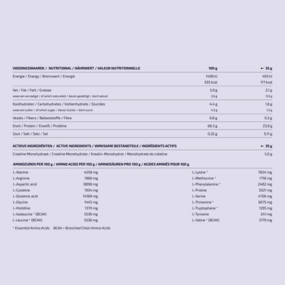 Voedingswaardenlabel Protein Creatine creamy cookies: 24 g eiwit en 5 g creatine per scoop