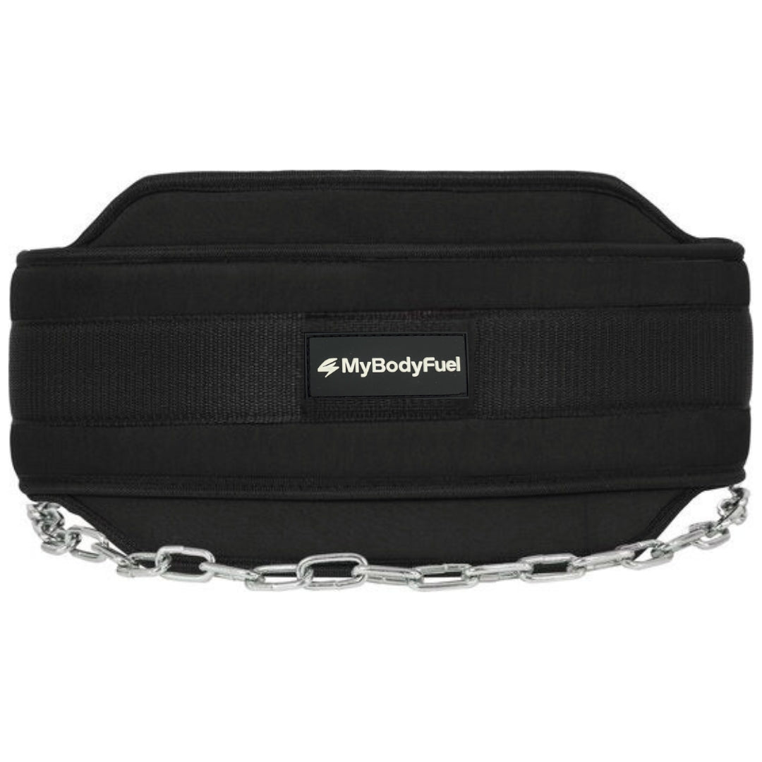 Close‑up voorzijde van zwarte MyBodyFuel dip belt met gewatteerde lendensteun en logo‑patch