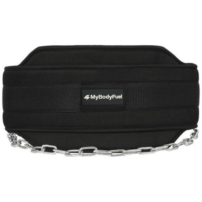 Close‑up voorzijde van zwarte MyBodyFuel dip belt met gewatteerde lendensteun en logo‑patch