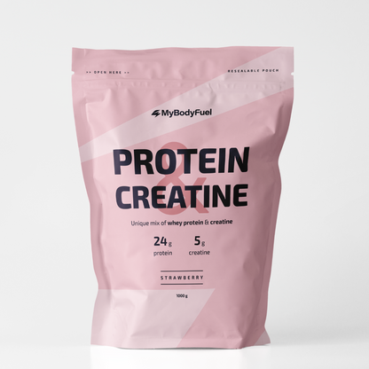 Roze MyBodyFuel Protein Creatine pouch – whey‑eiwit creatine poeder, aardbeiensmaak