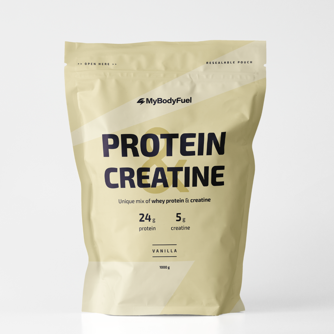 Lichtgele MyBodyFuel Protein Creatine pouch – whey‑eiwit + creatine poeder, vanillesmaak