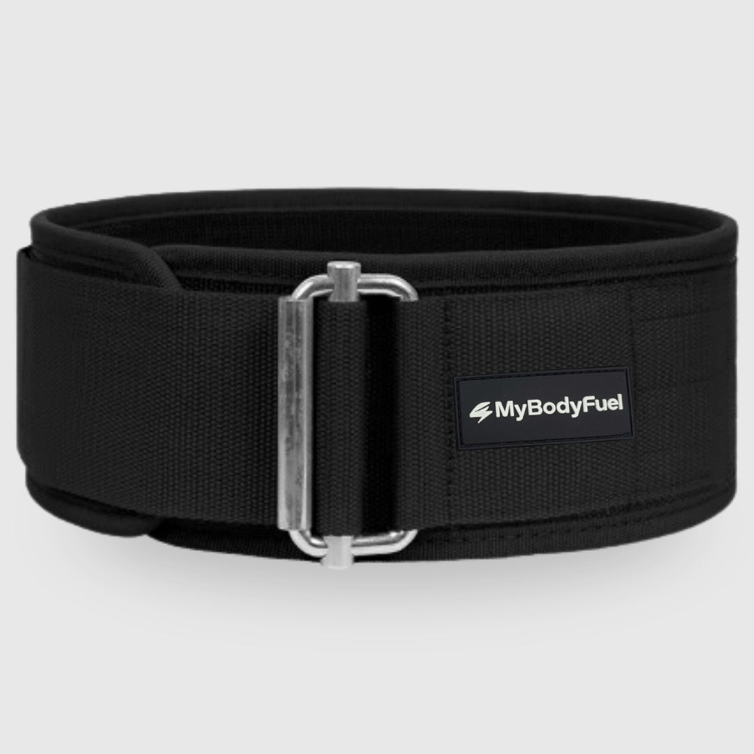 Zwarte MyBodyFuel lifting belt – verstelbare powerlift riem met stalen buckle en klittenband voor rugondersteuning