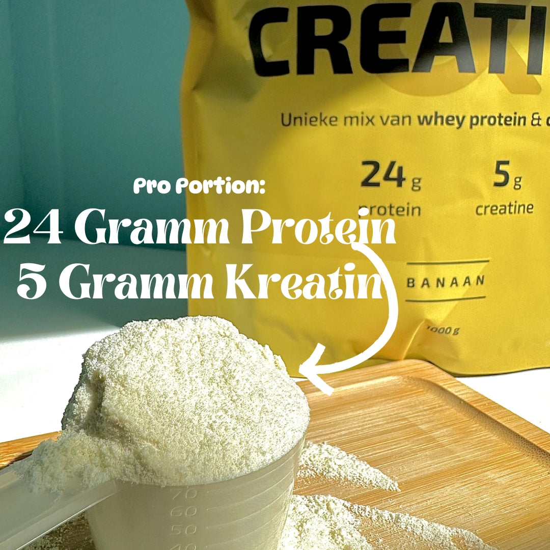 Whey Protein und Kreatin Pulver in verschiedenen Geschmacksrichtungen mit 24 g Protein und 5 g Kreatin pro Portion für Muskelaufbau und Regeneration