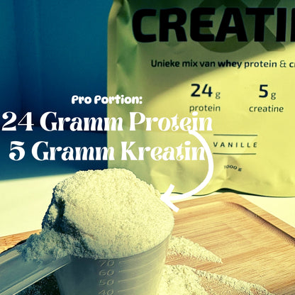 Whey Protein und Kreatin Pulver in verschiedenen Geschmacksrichtungen mit 24 g Protein und 5 g Kreatin pro Portion für Muskelaufbau und Regeneration