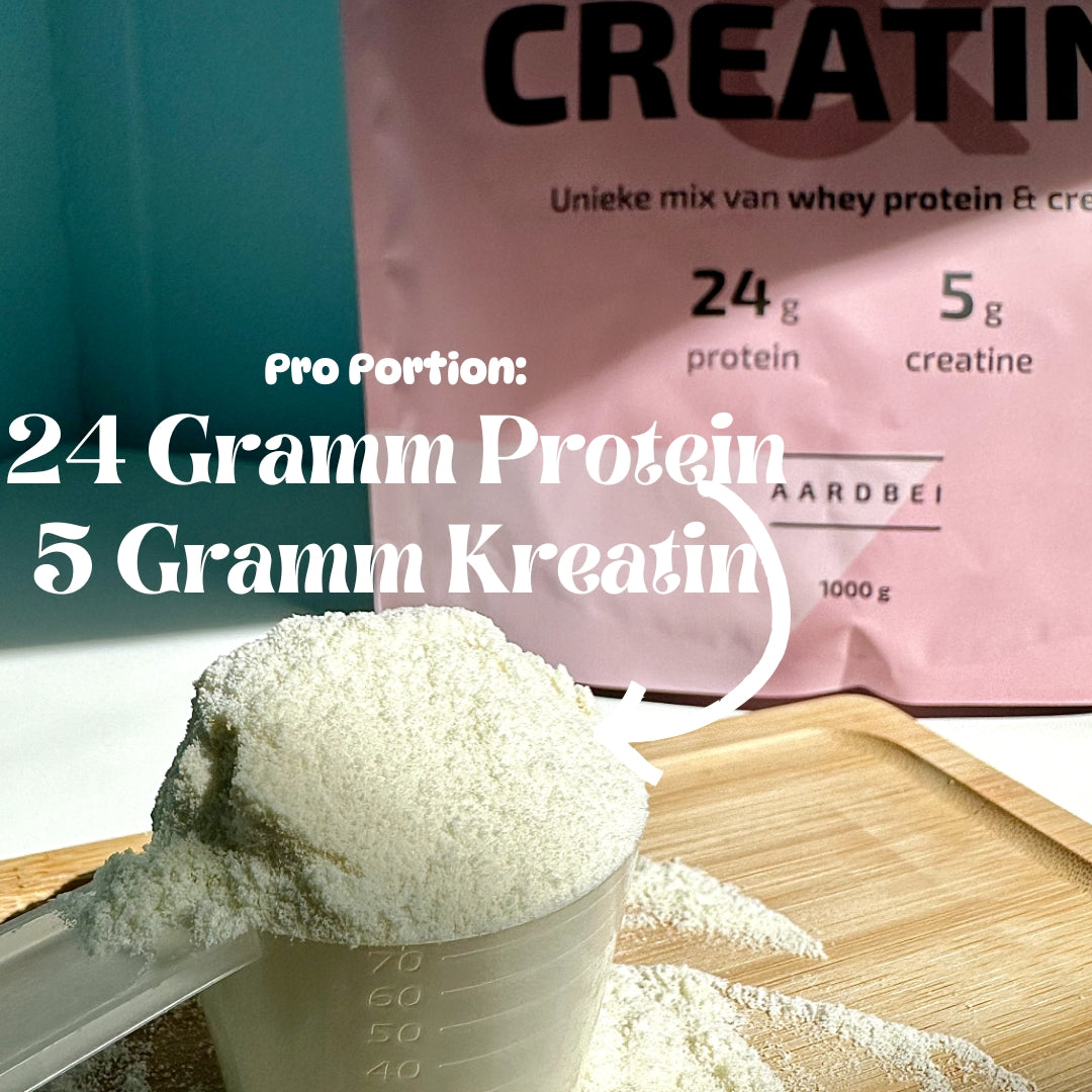 Whey Protein und Kreatin Pulver in verschiedenen Geschmacksrichtungen mit 24 g Protein und 5 g Kreatin pro Portion für Muskelaufbau und Regeneration
