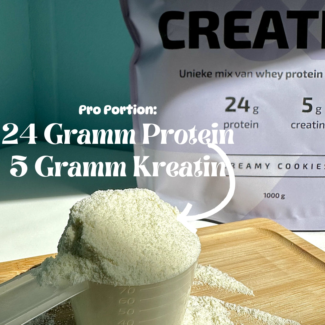 Whey Protein und Kreatin Pulver in verschiedenen Geschmacksrichtungen mit 24 g Protein und 5 g Kreatin pro Portion für Muskelaufbau und Regeneration