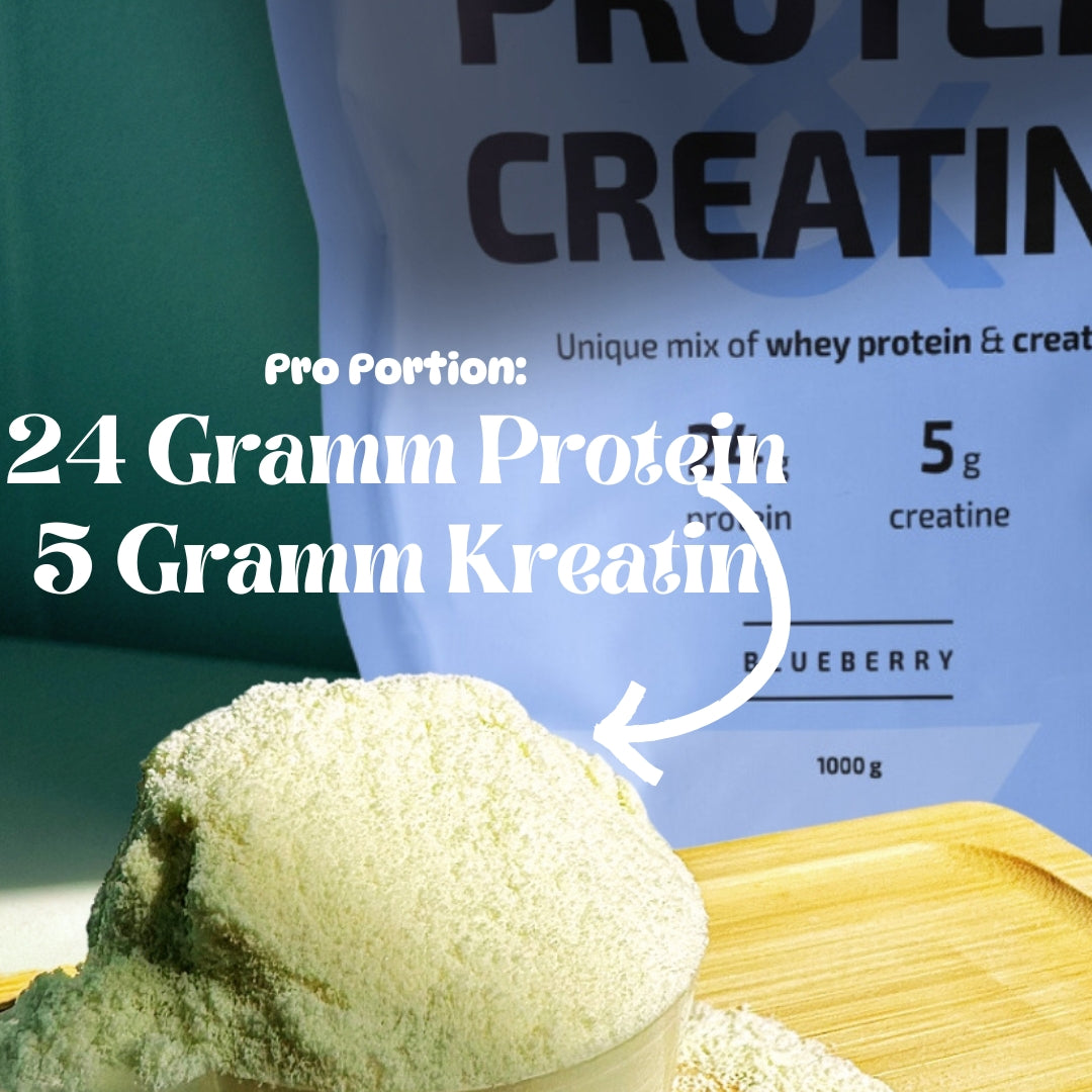 Whey Protein und Kreatin Pulver in verschiedenen Geschmacksrichtungen mit 24 g Protein und 5 g Kreatin pro Portion für Muskelaufbau und Regeneration