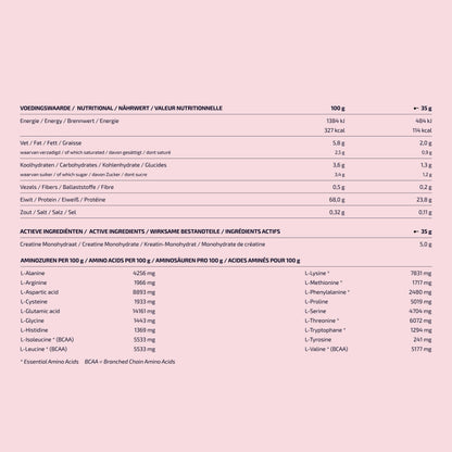 Voedingswaardenlabel Protein Creatine strawberry: 24 g eiwit, 5 g creatine, 113 kcal per portie