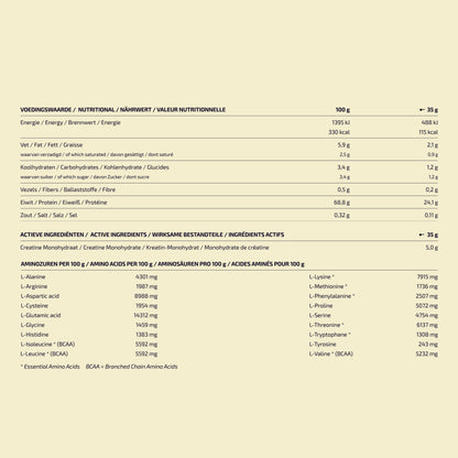 Voedingswaardenlabel Protein Creatine vanille: 24 g eiwit, 5 g creatine, 112 kcal per portie