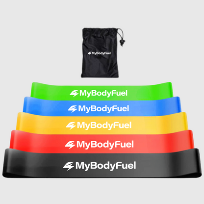 Set van vijf MyBodyFuel resistance bands in groen, blauw, geel, rood en zwart met opbergzak voor kracht‑ en rekoefeningen